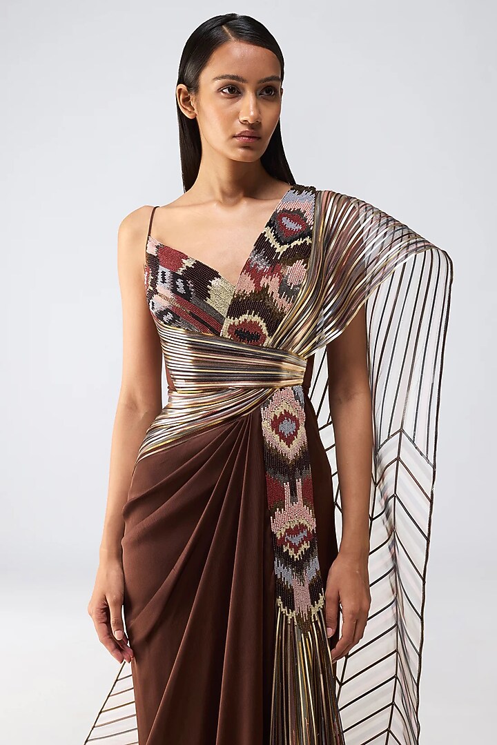 Earth Brown Chiffon & Butterfly Net Metallic Draped Bridal Gown by Amit Aggarwal at Pernia's Pop Up Shop
