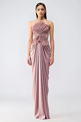 Old Rose Butterfly Net 3D Moulded Gown by Amit Aggarwal