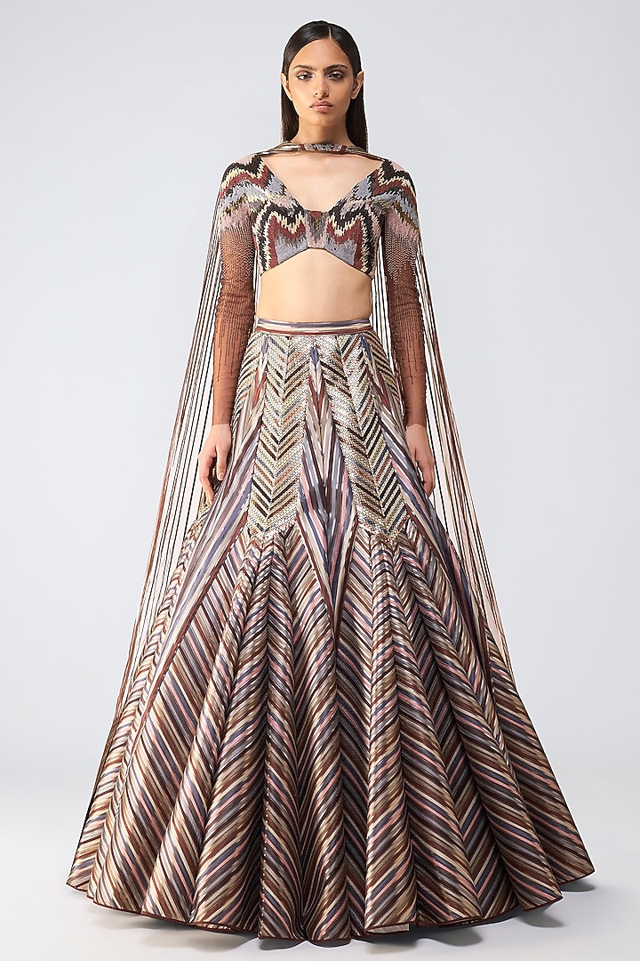 Earth Brown Metallic Handowoven Paneled Bridal Lehenga Set by Amit Aggarwal at Pernia's Pop Up Shop