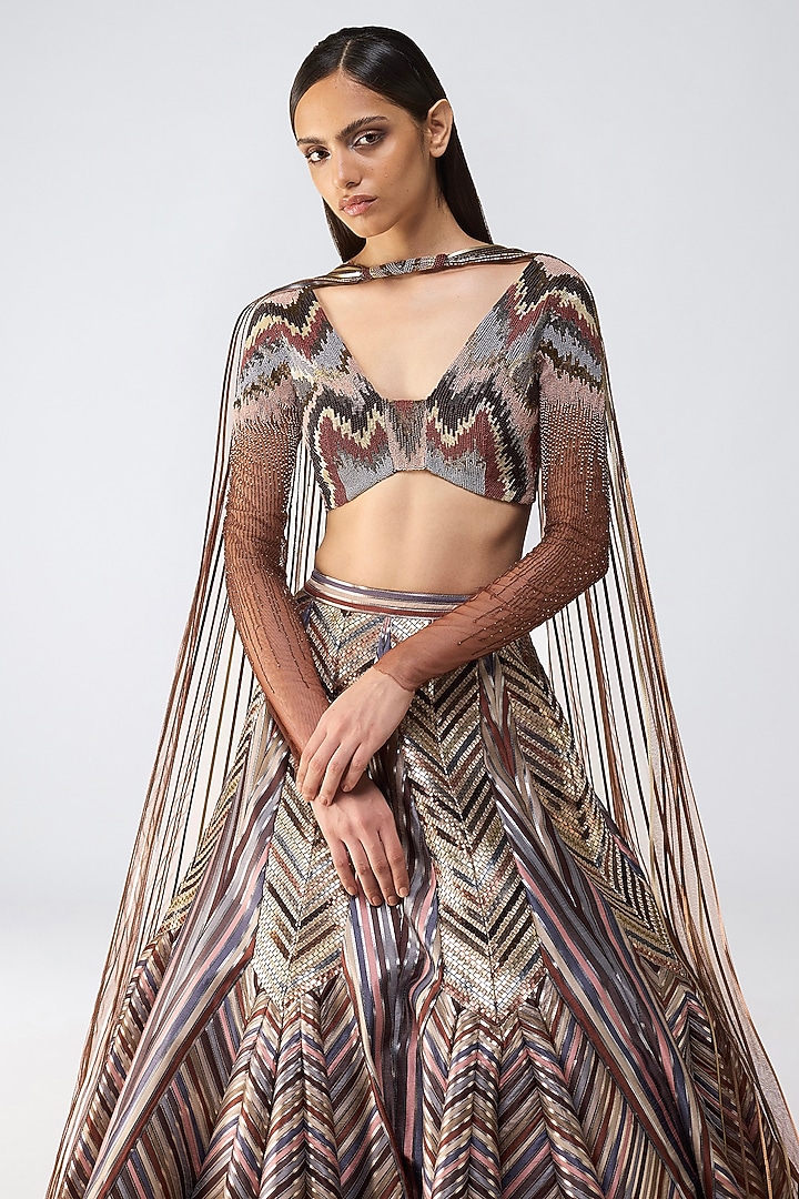 Earth-Colored Metallic Panelled Skirt Set by Amit Aggarwal at Pernia's Pop Up Shop