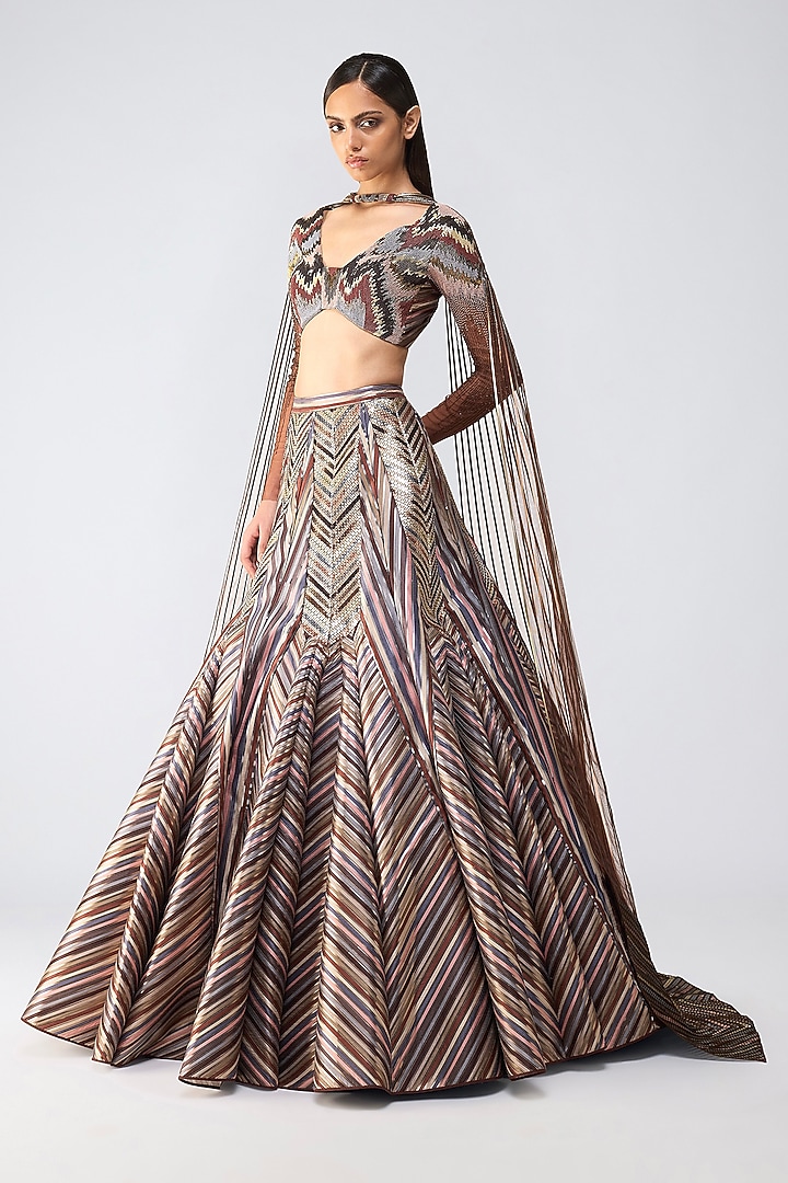 Earth-Colored Metallic Panelled Skirt Set by Amit Aggarwal at Pernia's Pop Up Shop
