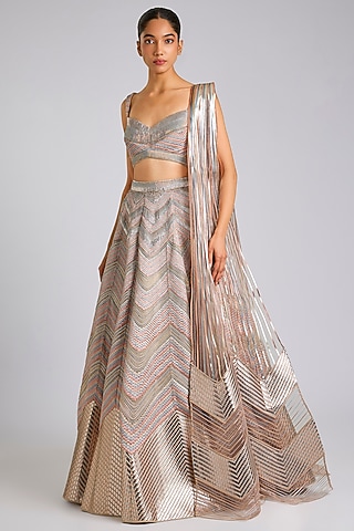 Multi-Colored Metallic Scale Organza Lehenga Set by Amit Aggarwal