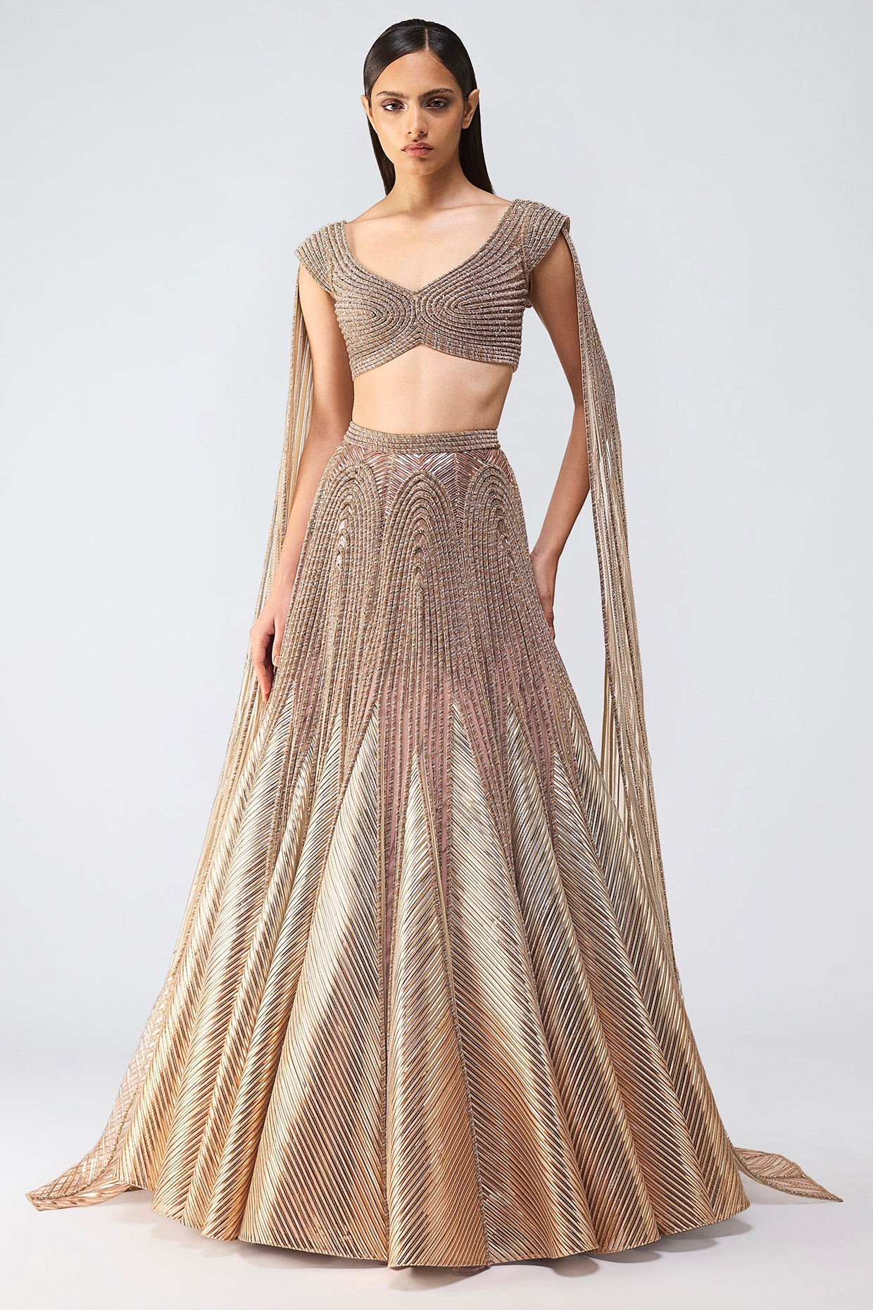 Amit Aggarwal Rose Gold Tulle Crystal Embroidered Lehenga Set