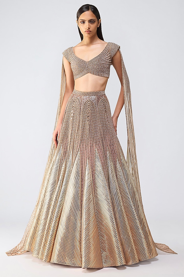 Rose Gold Tulle Crystal Embroidered Bridal Lehenga Set by Amit Aggarwal at Pernia's Pop Up Shop