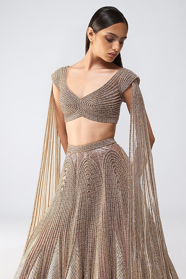 Rose Gold Tulle Crystal Embroidered Bridal Lehenga Set by Amit Aggarwal at Pernia's Pop Up Shop