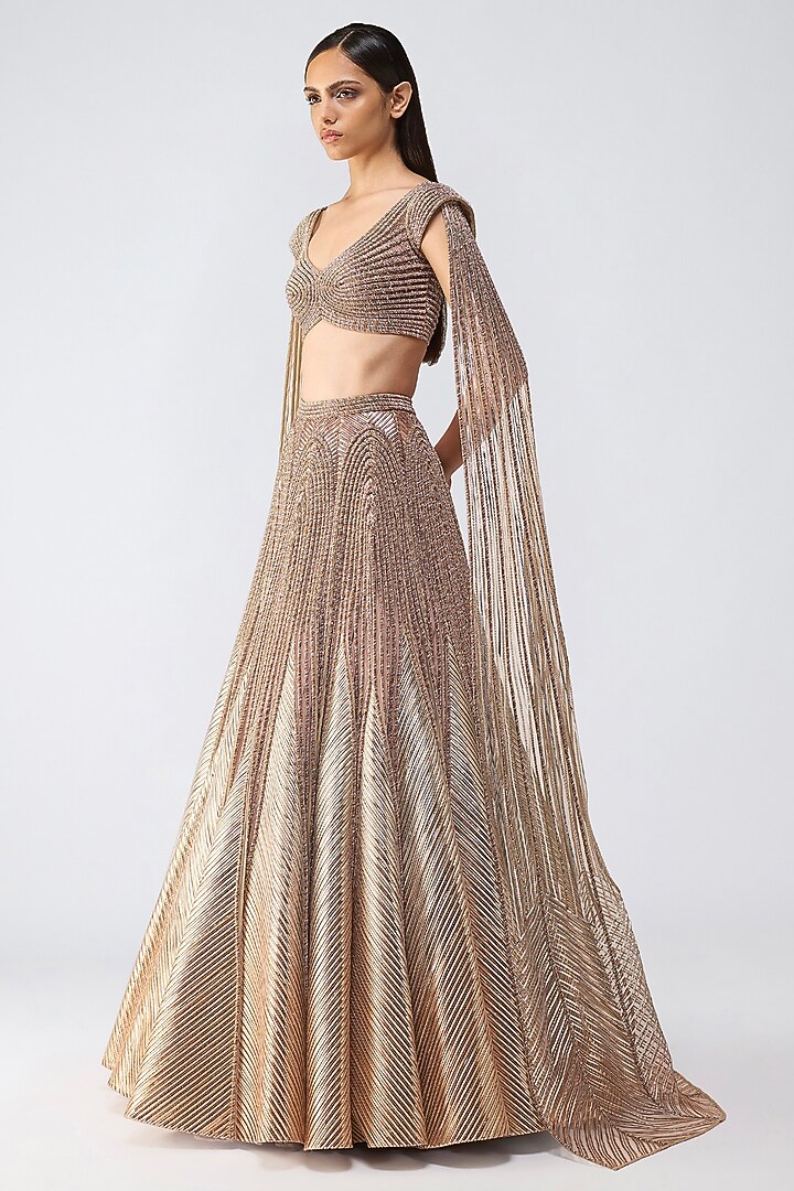 Rose Gold Tulle Crystal Embroidered Bridal Lehenga Set by Amit Aggarwal at Pernia's Pop Up Shop