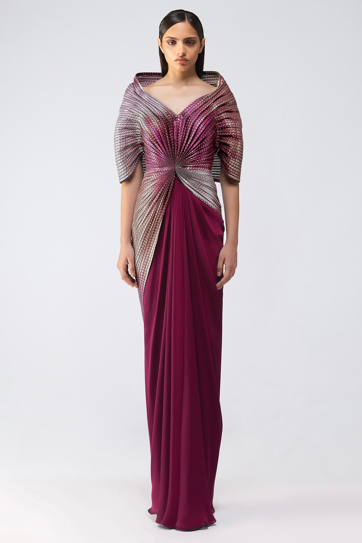 Amit Aggarwal Garnet-Colored Chiffon & Metallic Gown