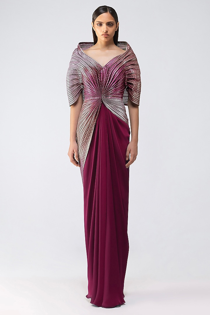Garnet-Colored Chiffon & Metallic Wedding Gown by Amit Aggarwal at Pernia's Pop Up Shop