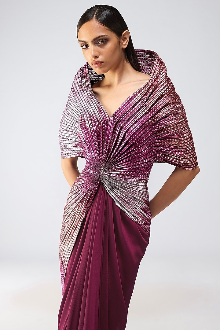 Garnet-Colored Chiffon & Metallic Wedding Gown by Amit Aggarwal at Pernia's Pop Up Shop