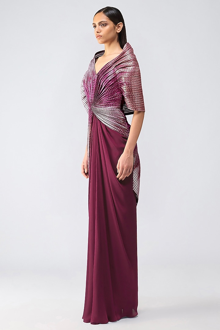 Garnet-Colored Chiffon & Metallic Wedding Gown by Amit Aggarwal at Pernia's Pop Up Shop