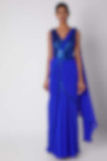 Cobalt Blue Embroidered Pre-Stitched Wedding Saree by Amit Aggarwal at Pernia's Pop Up Shop