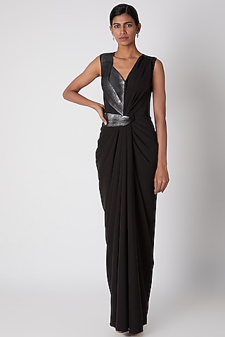 Black Ombre Embroidered Draped Gown by Amit Aggarwal