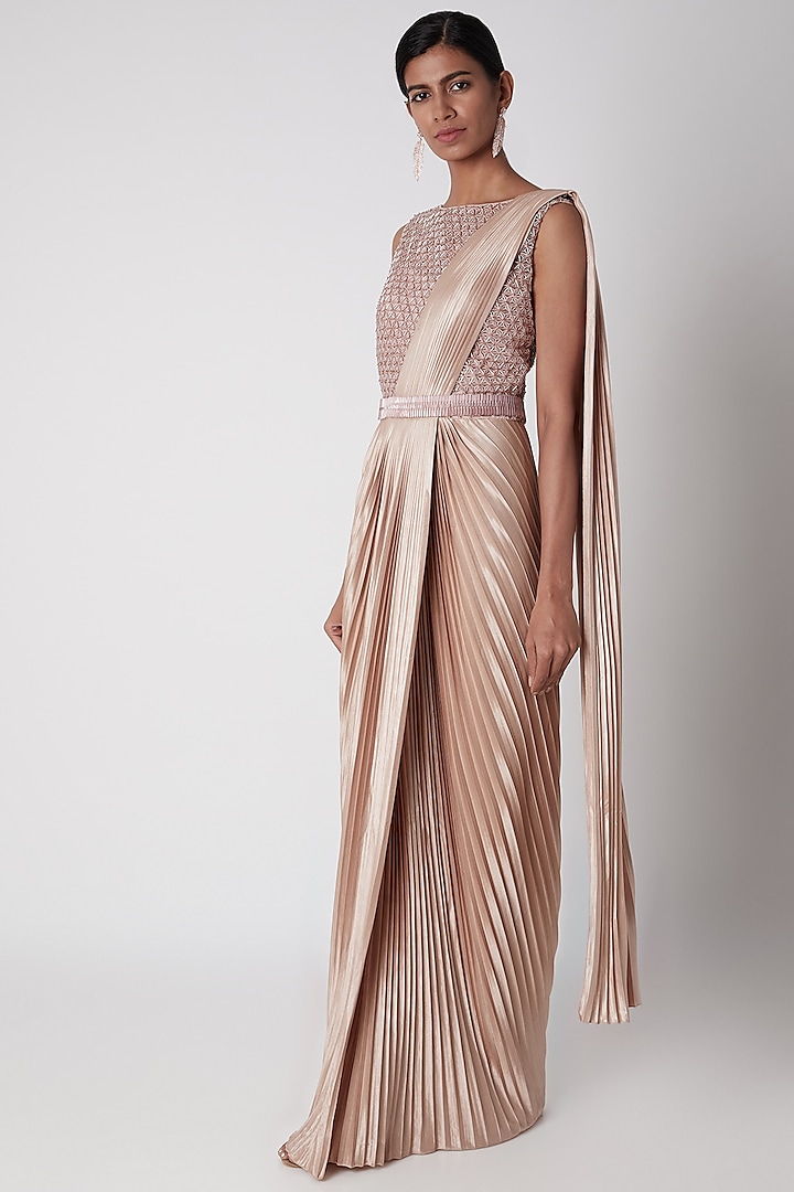 Blush Pink Embroidered Pre-Stitched Saree With Belt by Amit Aggarwal