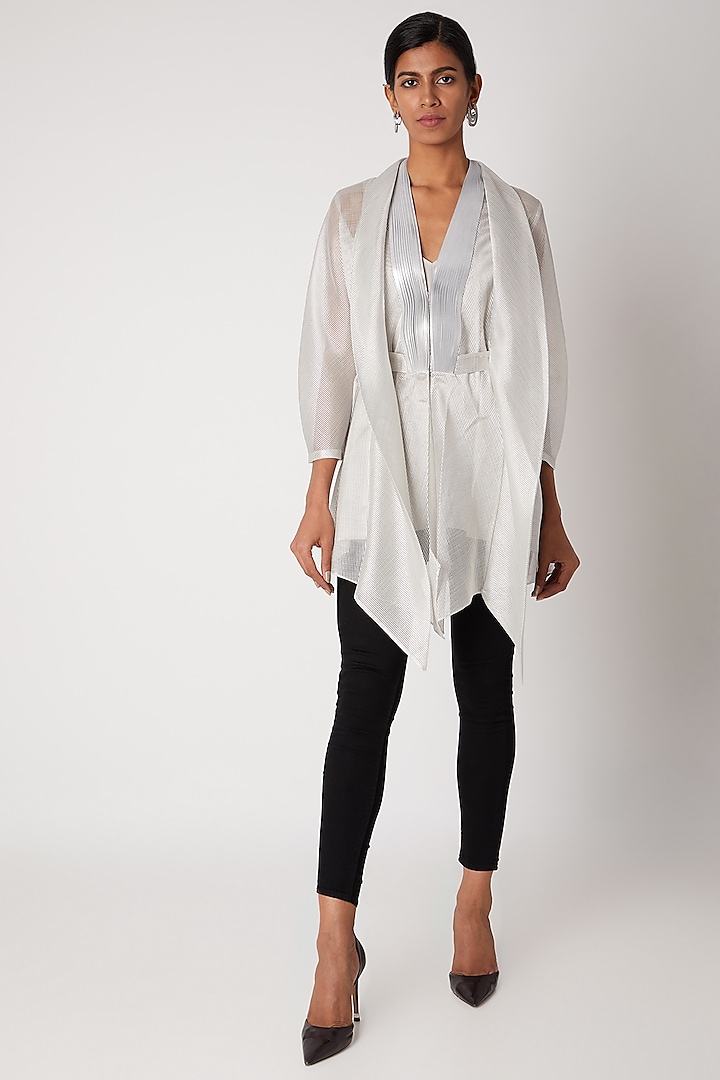 Silver Embroidered Ombre Draped Top by Amit Aggarwal