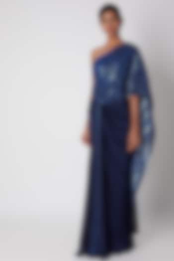 Cobalt Blue Embroidered Ombre Pre-Stitched Saree by Amit Aggarwal