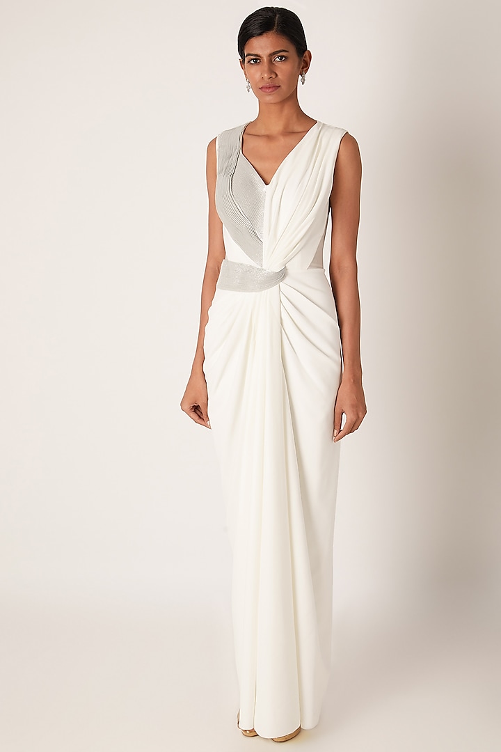 White Embroidered Draped Gown by Amit Aggarwal