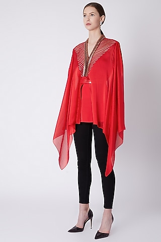 Red Top With Embroidery by Amit Aggarwal