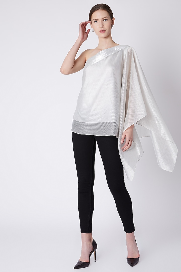 Silver Draped Embroidered Top by Amit Aggarwal