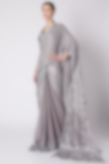 Silver Georgette Sequins Tape Embroidered Pre-Stitched Bridal Saree Set by Amit Aggarwal at Pernia's Pop Up Shop