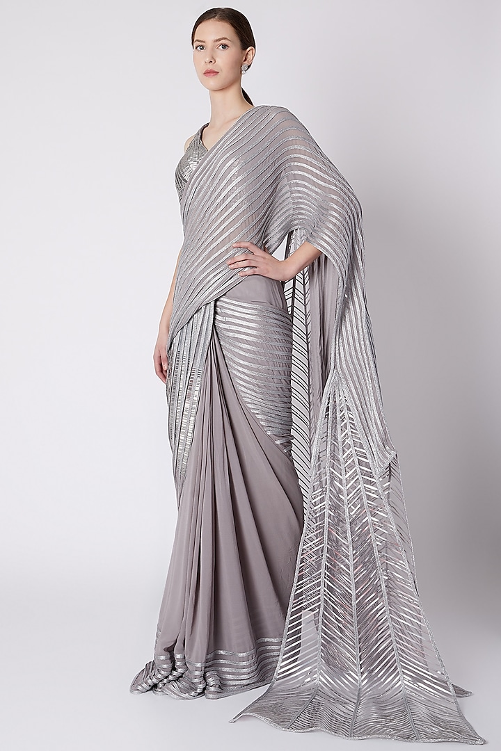 Silver Georgette Sequins Tape Embroidered Pre-Stitched Saree Set by Amit Aggarwal