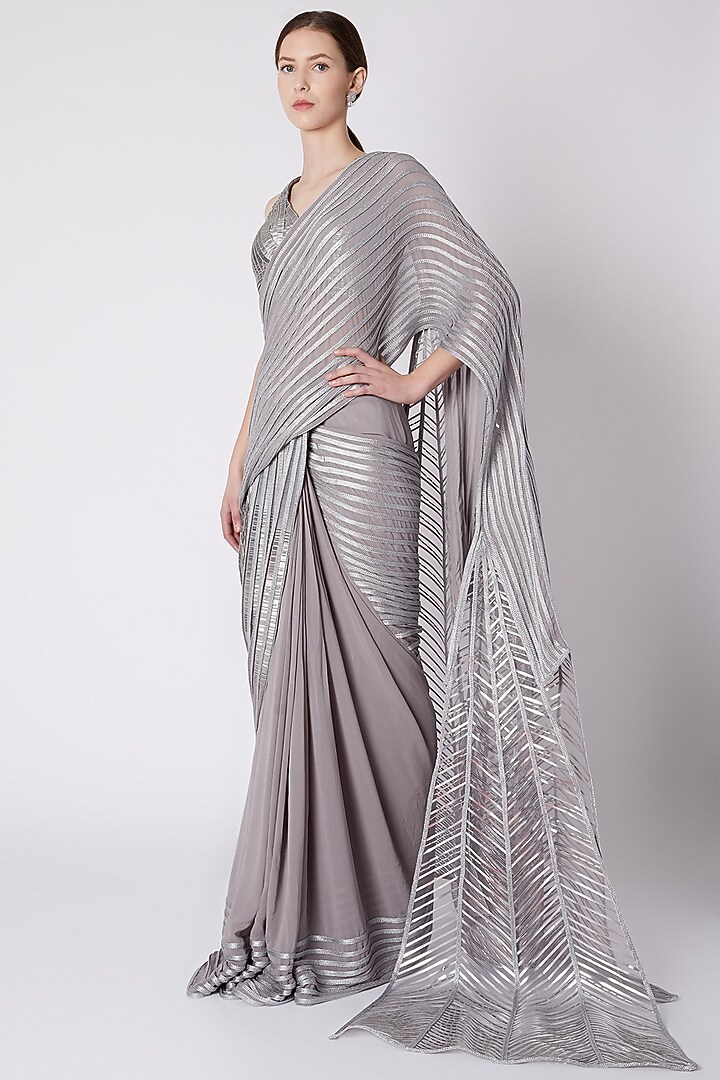 Silver Georgette Sequins Tape Embroidered Pre-Stitched Bridal Saree Set by Amit Aggarwal at Pernia's Pop Up Shop