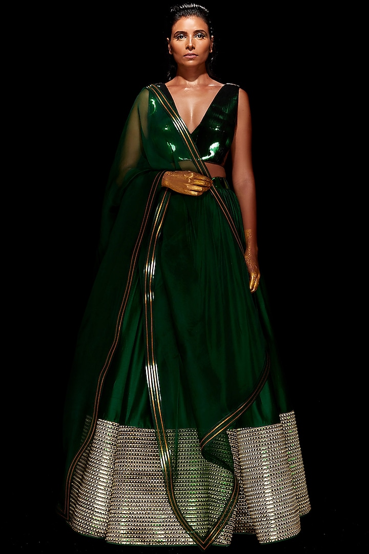 Emerald Green Metallic Flowy Lehenga Set by Amit Aggarwal