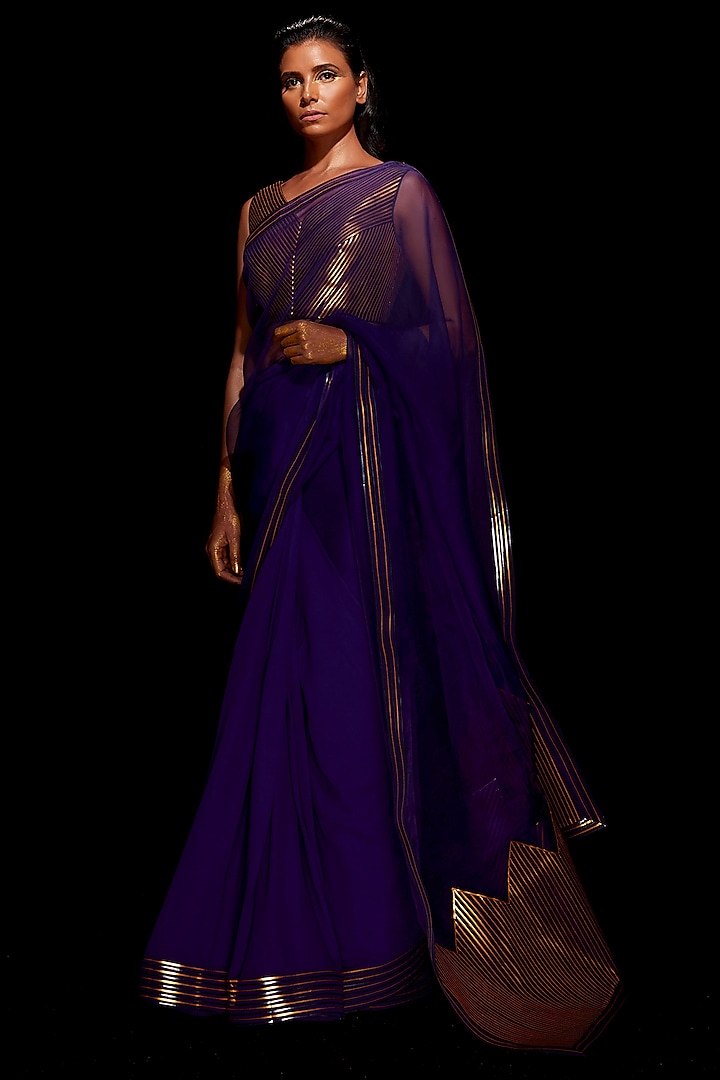 Purple Organza & Georgette Metallic Saree Set by Amit Aggarwal