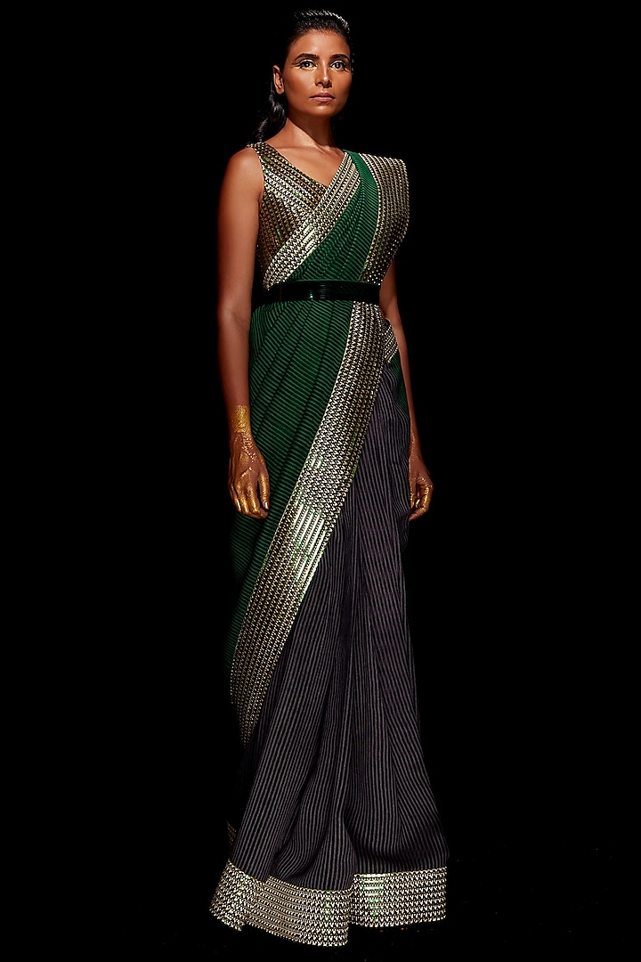 Emerald Green & Pewter Grey Mesh Fabric Metallic Saree Set by Amit Aggarwal