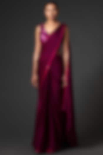 Plum Metallic & Embroidered Saree Set by Amit Aggarwal