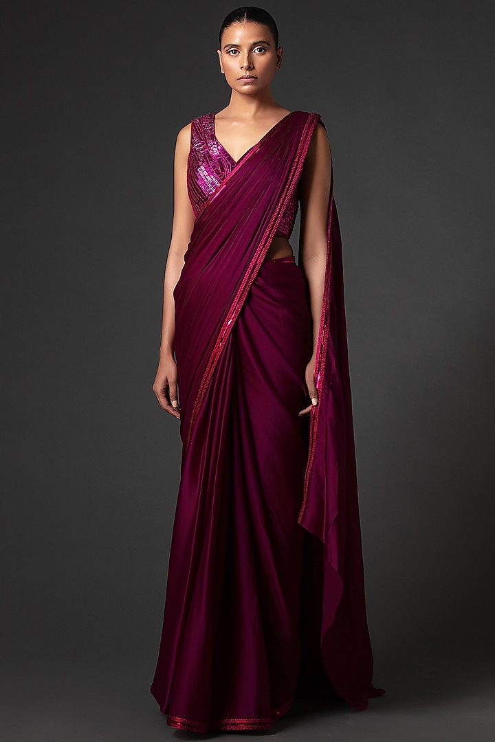 Plum Metallic & Embroidered Saree Set by Amit Aggarwal