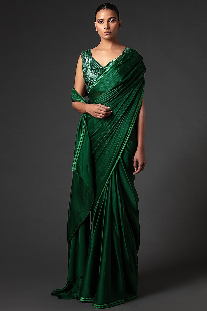 Emerald Green Embroidered Saree Set by Amit Aggarwal