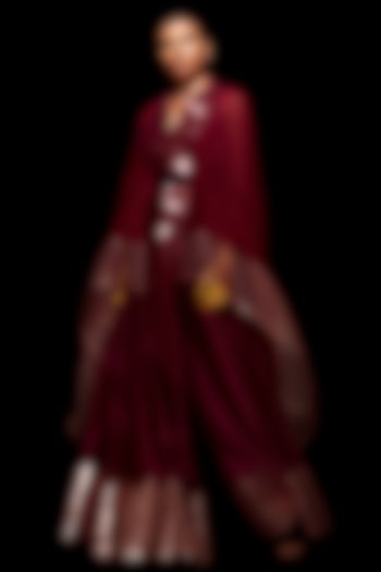 Plum & Rose Gold Striped Cape Set by Amit Aggarwal at Pernia's Pop Up Shop