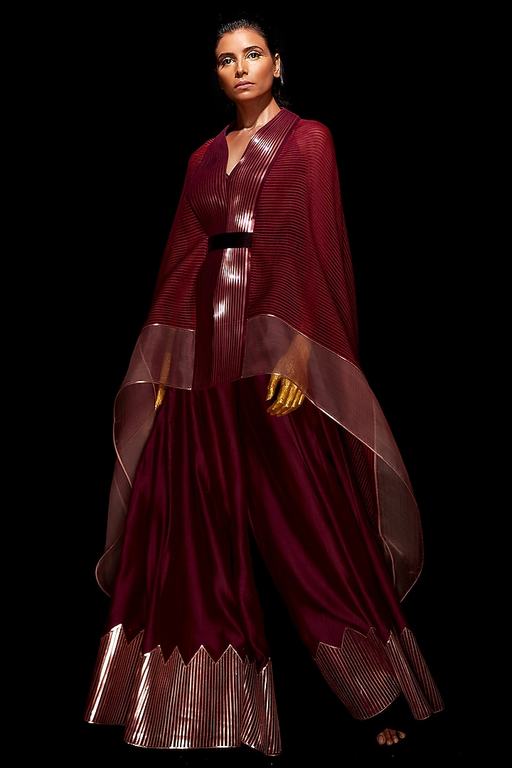 Plum & Rose Gold Striped Cape Set by Amit Aggarwal at Pernia's Pop Up Shop