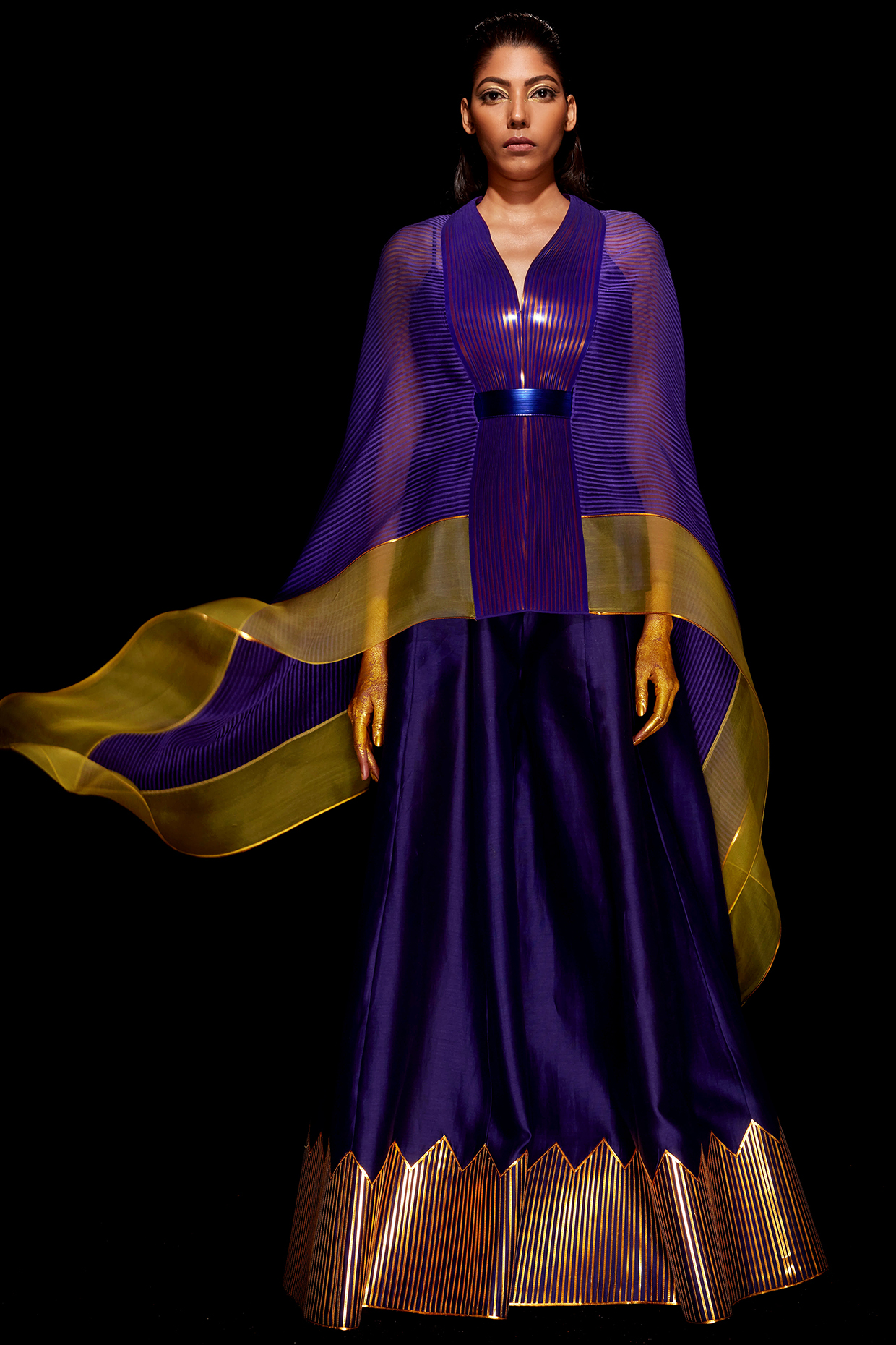 Purple & Gold Striped Cape Set by Amit Aggarwal