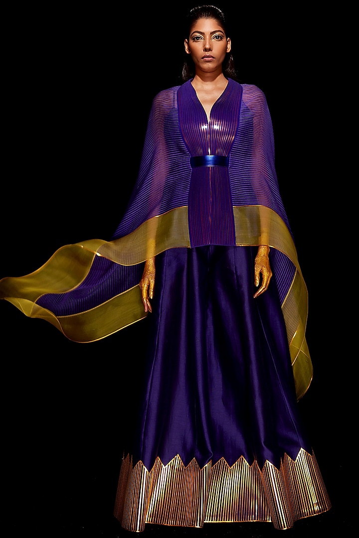 Purple & Gold Striped Cape Set by Amit Aggarwal