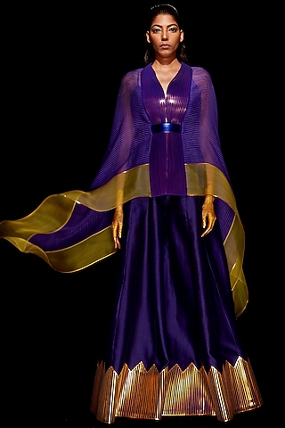 Purple & Gold Striped Cape Set by Amit Aggarwal