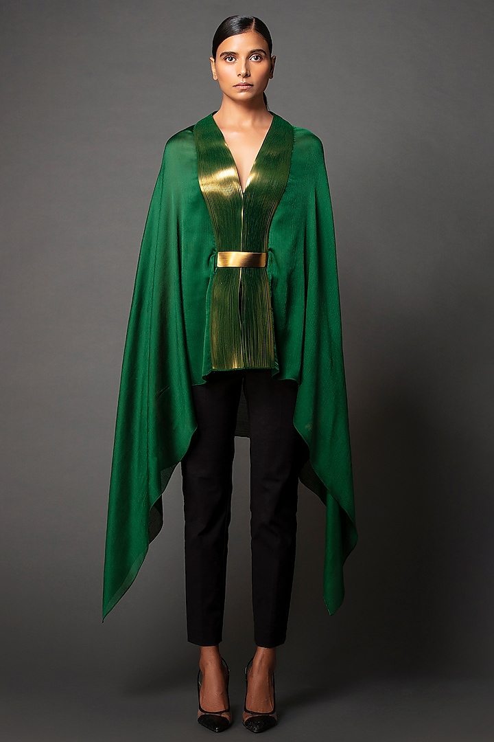 Emerald Green Draped Cape Set by Amit Aggarwal