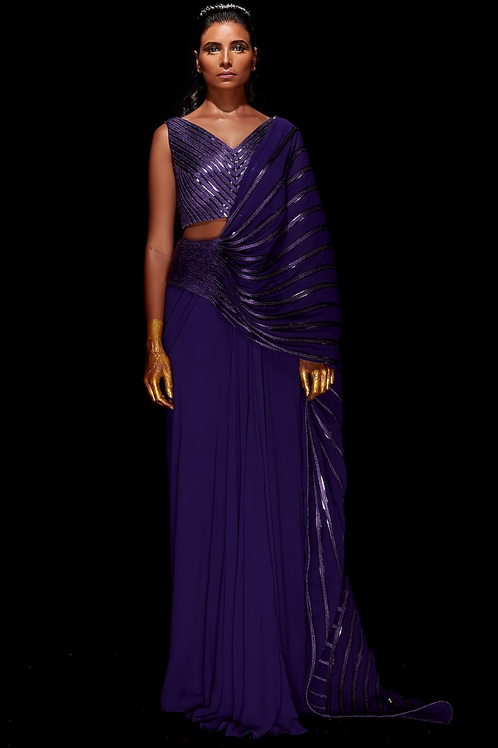 Purple Metallic Pre-Stitched Saree Set by Amit Aggarwal