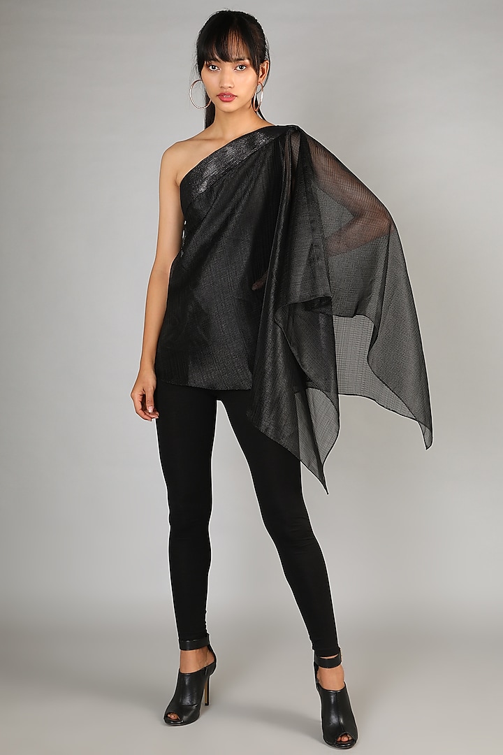 Black Embroidered Draped Top by Amit Aggarwal