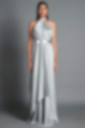 Silver Draped Dress With Belt by Amit Aggarwal