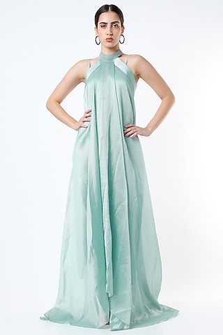 Metallic Blue Halter Neck Dress by Amit Aggarwal