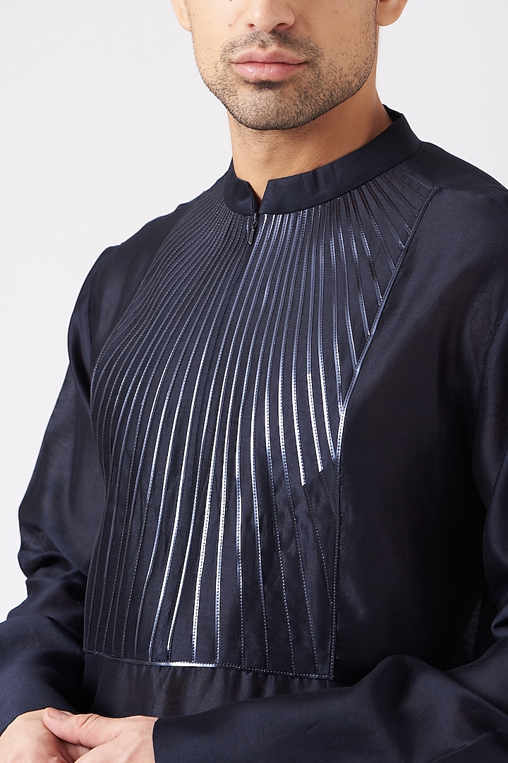 Navy Blue Silk Chanderi Kurta by Amit Aggarwal Men at Pernia's Pop Up Shop