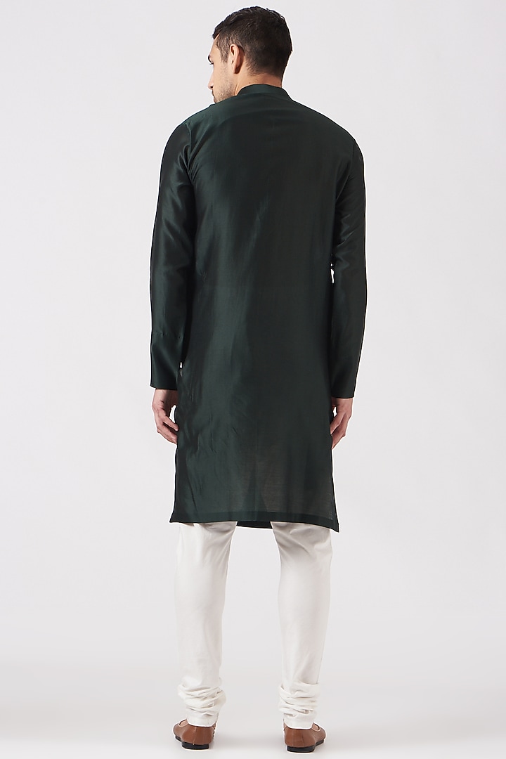 Dark Green Silk Chanderi Kurta by Amit Aggarwal Men at Pernia's Pop Up Shop