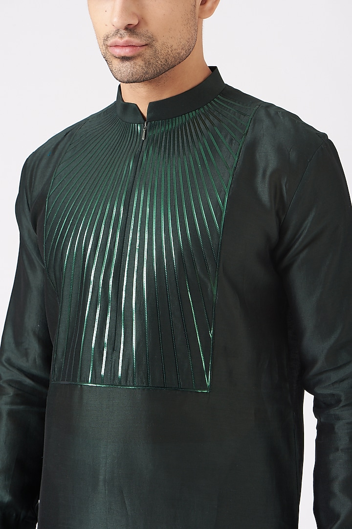 Dark Green Silk Chanderi Kurta by Amit Aggarwal Men at Pernia's Pop Up Shop