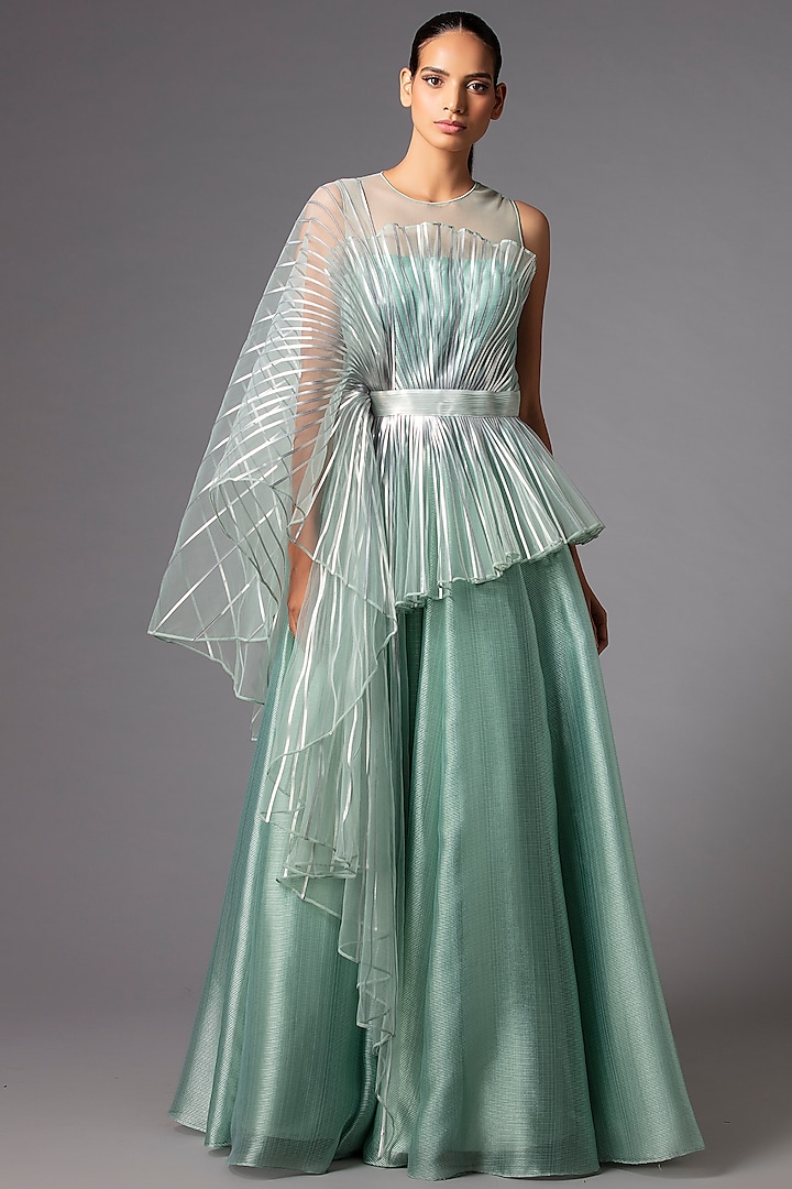 Mint Green Metallic Winged Gown by Amit Aggarwal