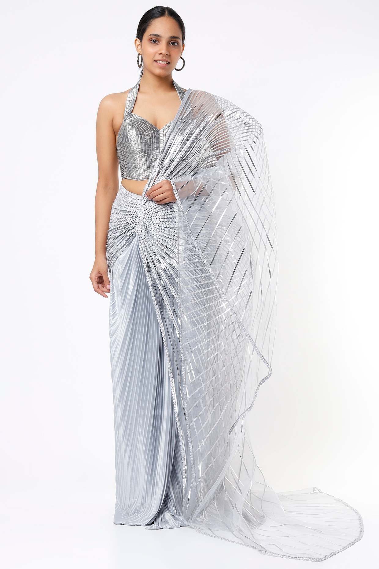 Buy Grey Chinon Silk Embroidered Ready Pleated Saree Party Wear Online at  Best Price | Cbazaar