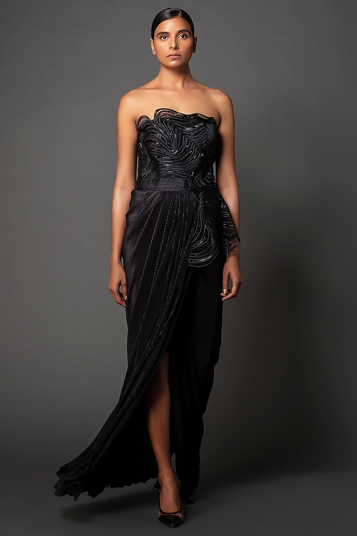 Black Jersey Draped Party Wear Dress by Amit Aggarwal at Pernia's Pop Up Shop
