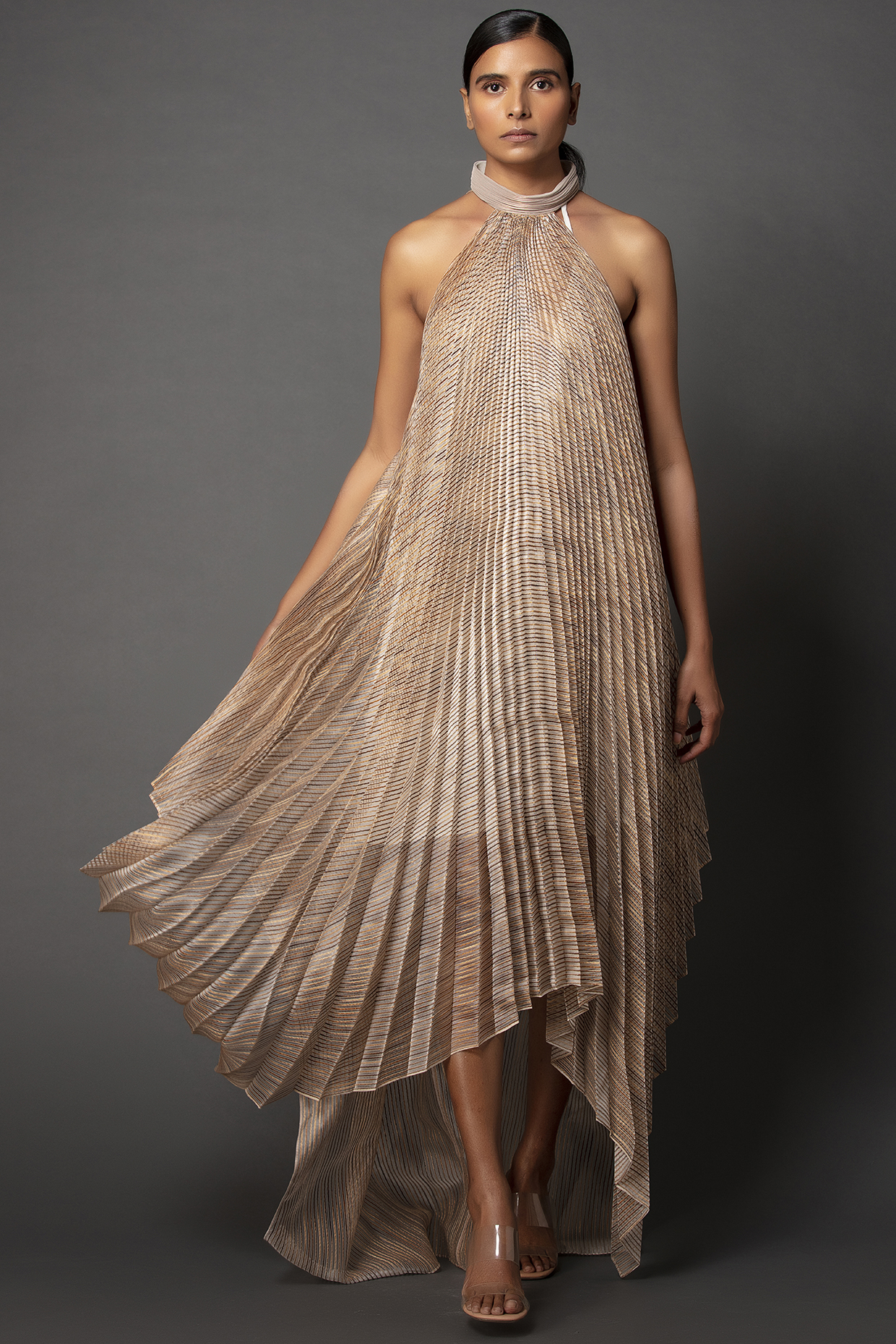 Beige Halter Dress by Amit Aggarwal at Pernia's Pop Up Shop