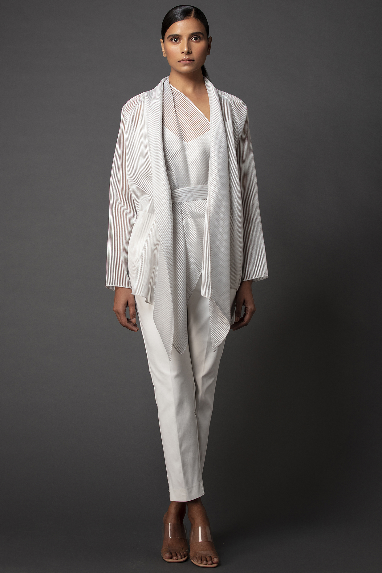 White Striped Shawl Cape by Amit Aggarwal at Pernia's Pop Up Shop