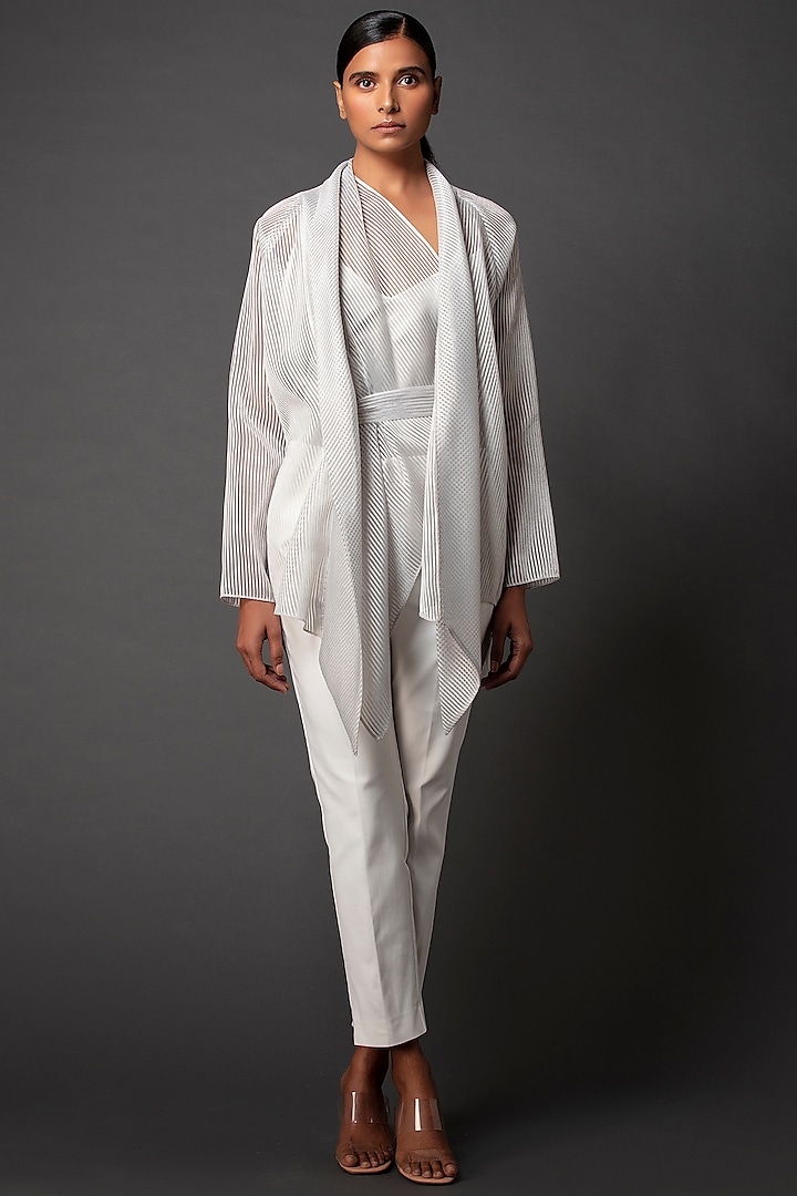 White Striped Shawl Cape by Amit Aggarwal at Pernia's Pop Up Shop